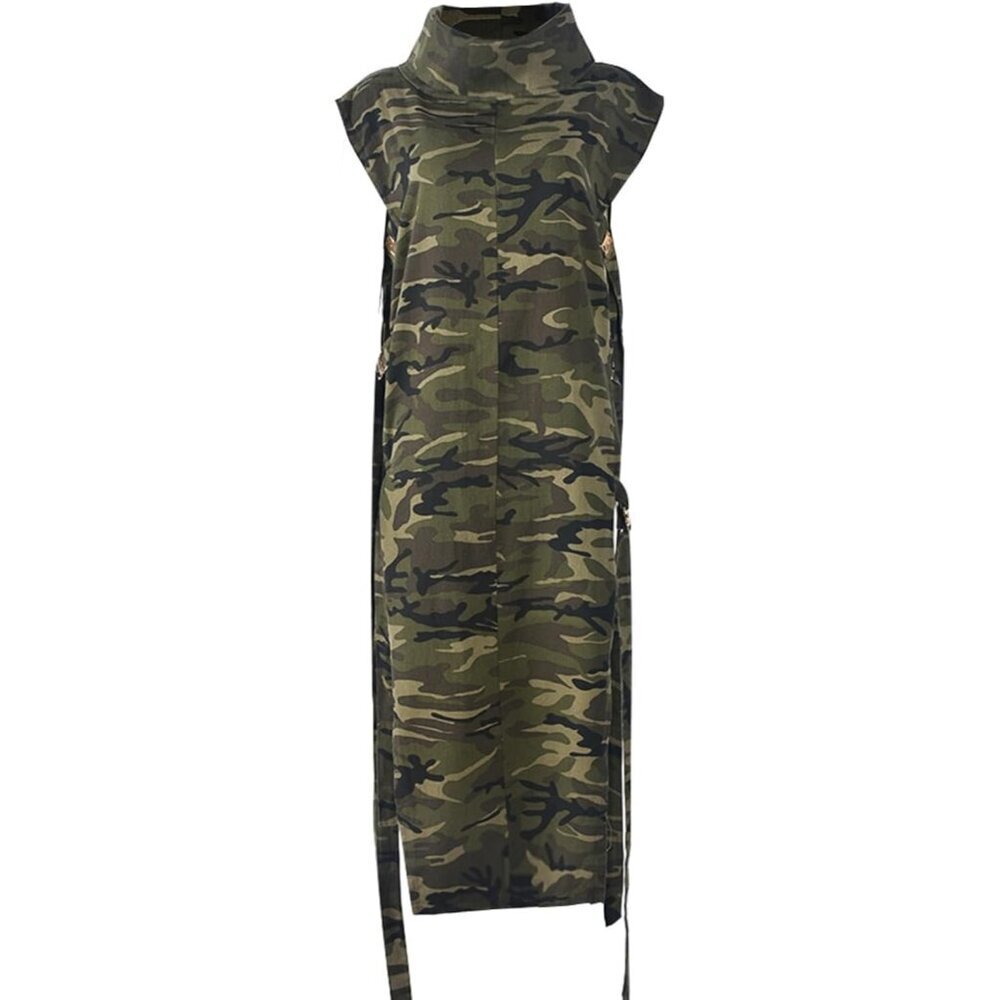 Women Denim Camo Dress Sleeveless High Neck Side Slit Casual Summer